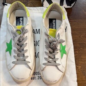 Golden Goose White Leather Sneakers with Green Star and Neon Yellow Accents